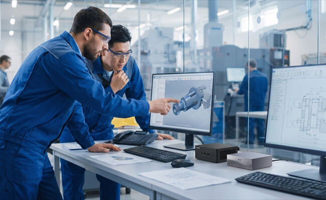 Two engineers looking at a screen connected to GX10 and ASUS NUC 16 Pro