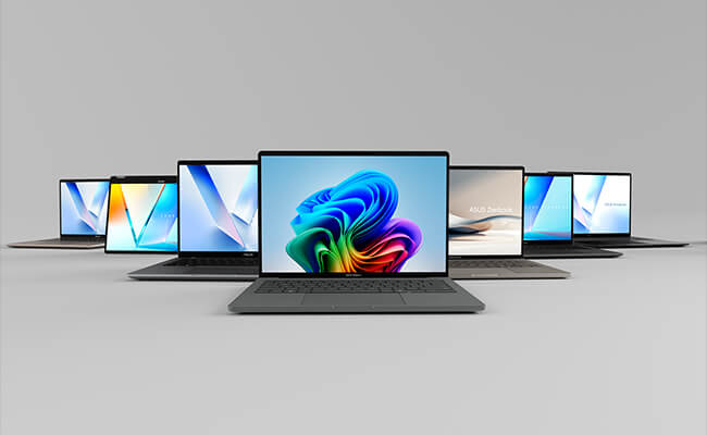 ASUS AI PC lineup, with an ASUS Zenbook AI PC in front showing a colorful abstract Windows wallpaper on screen.