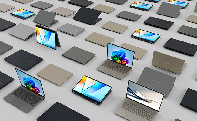 Grid of ASUS Copilot+ PC laptops and 2-in-1s in various colors, some open showing colorful abstract wallpapers.