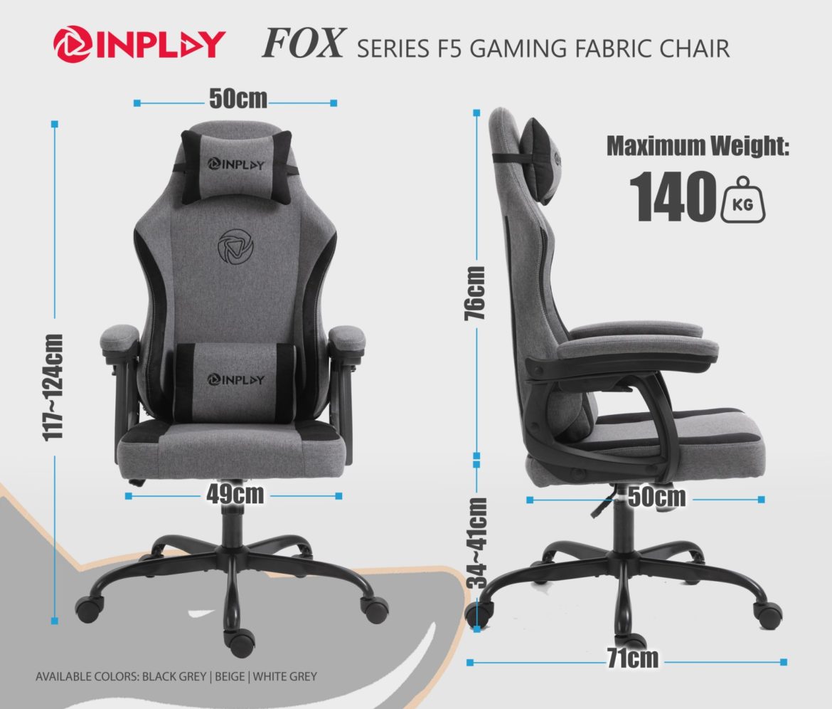 INPLAY FOX SERIES F5W ERGONOMIC GAMING CHAIR WHITE/GREY FABRIC